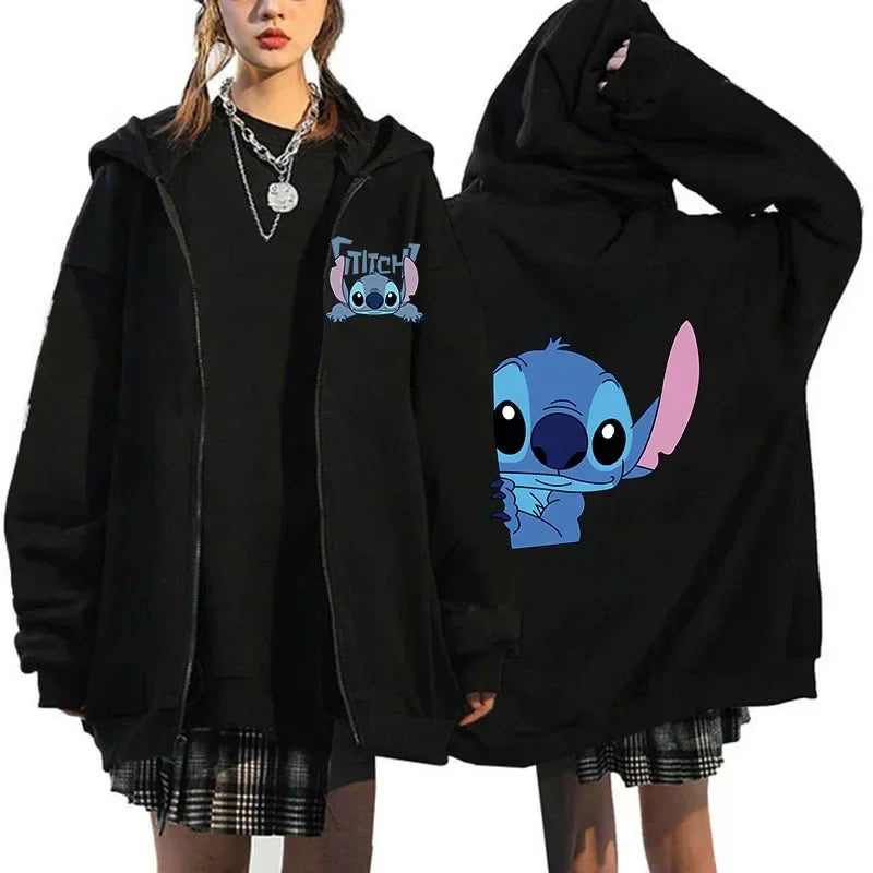 Womens Black Zip Hoodie Lilo & Stitch Mascot Costume Womens Winter Jacket Sale Sweater Aesthetic Pattern Hoodie Outerwear