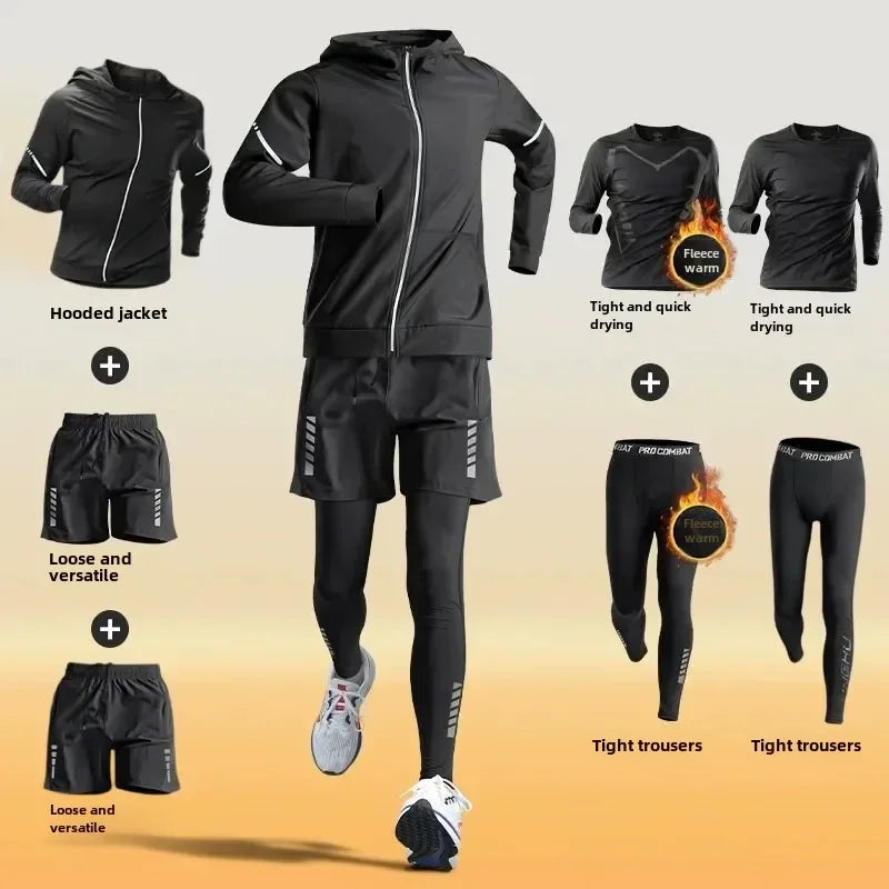 Men’s Winter Fleece-Lined Quick-Dry Warm-Up Sports Set for Running Cycling Fitness Training - 7-pcs set / XXXL