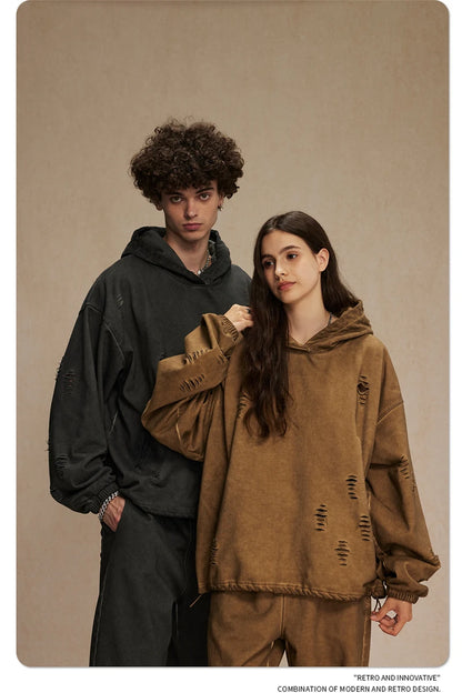 ZODF Vintage Winter Men Distressed 450gsm Hoodies Unisex High Street Ripped Holes Elastic Hem Hooded Pullovers Coat HY0932