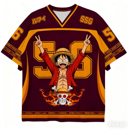 2526 New Bandai Anime One Piece Luffy Summer Jersey T-shirt Oversized 3D Adult and Children's Multifunctional Top Christmas