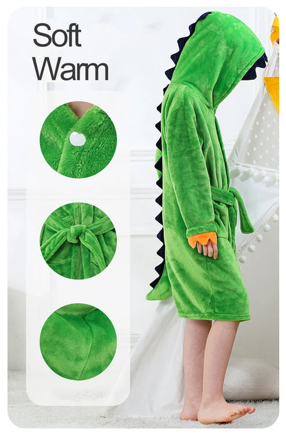 Toddler Boys Bathrobe Girl Sleepwear Winter Flannel Hooded Bath Towel Teen Dinosaur Cow Pjs Animal Pajamas Robe Children Clothes