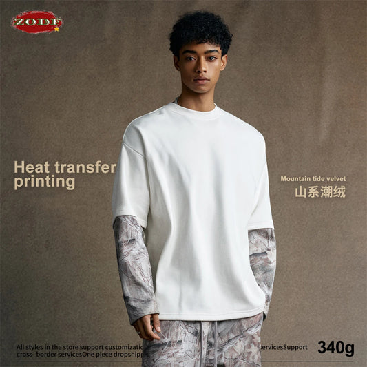 ZODF New Autumn Man Heat Transfer Printing T-Shirt Unisex Oversized 340gsm Fake 2-Piece Long Sleeve T Shirts Brand Tops HY1113