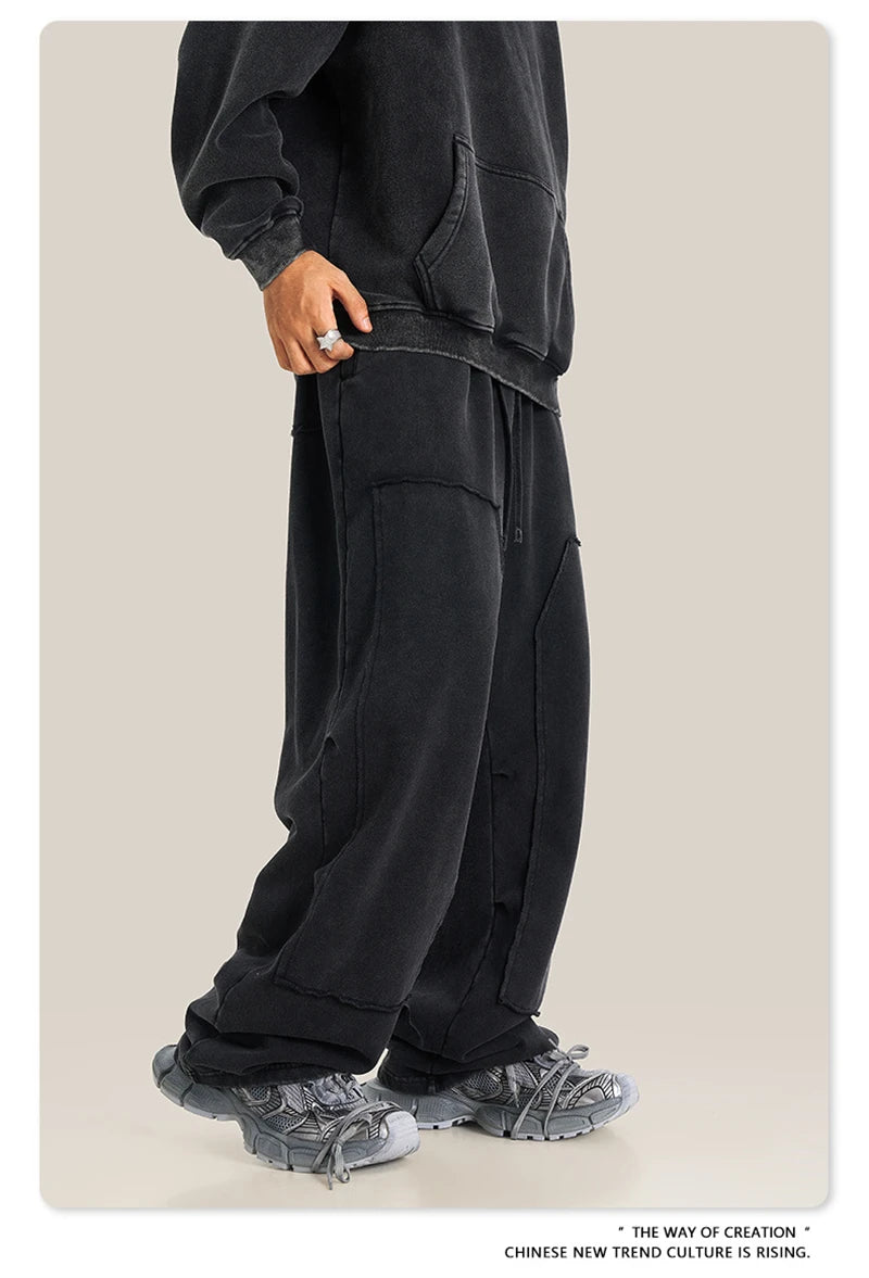 ZODF Fashion 2024 Winter Patches Fleece Straight Pants Retro Unisex Loose Washed 305gsm Warm Soft Trousers Brand Bottoms HY0872