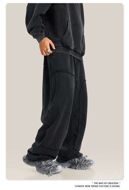 ZODF Fashion 2024 Winter Patches Fleece Straight Pants Retro Unisex Loose Washed 305gsm Warm Soft Trousers Brand Bottoms HY0872