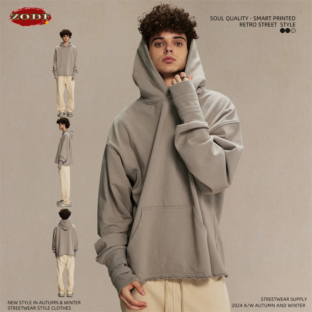 ZODF New Autumn Men Heavyweight 450gsm Hoodie Unisex Loose Ninja Sleeve 100% Cotton Hooded Pullovers Winter Coat HY0927