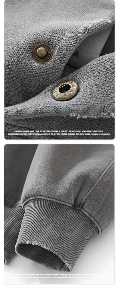 ZODF Vintage 350gsm Man Washed Boxy Fleece Hoodie Unisex Loose Ripped Warm Button Winter Hooded Pullovers Brand Clothing HY0053