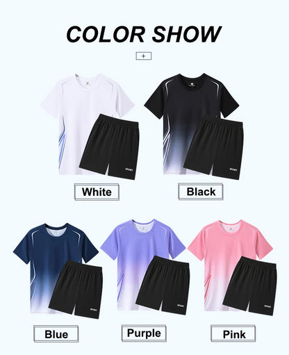 Chrlck Unisex Gradient Quick-Dry Ice Silk Fitness T-Shirt and Shorts Set for Running Gym Training