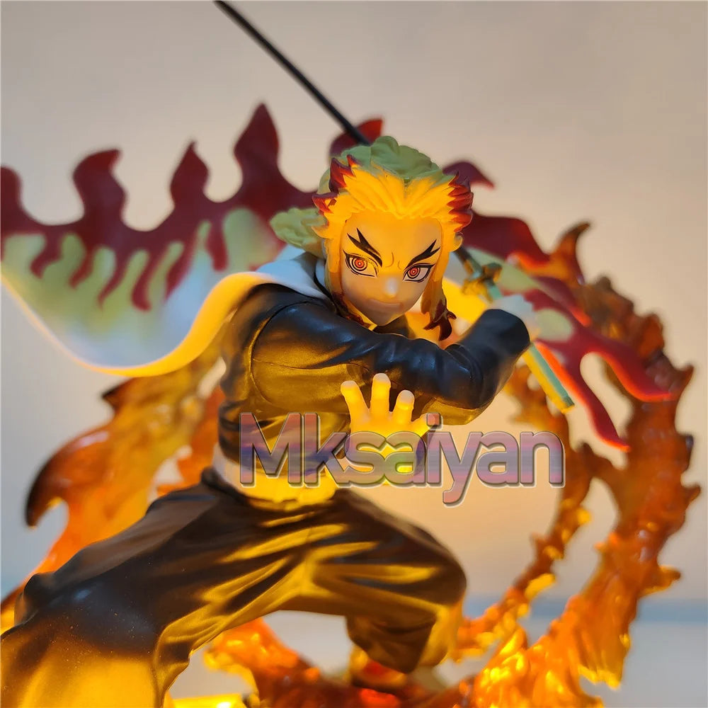 Demon Slayer Rengoku Kyoujurou Anime Figures Fire Led Scene DIY PVC Action Figure Toys Kimetsu no Yaiba Figurine Kids Doll 14cm