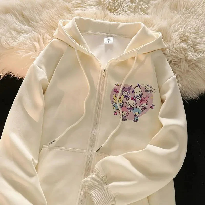 2025 New Sanrio Hello Kitty Jacket 2000s Zip Hoodie White Sweatshirt Young Women Fall Winter Kawaii Lolita Jacket Student Tops