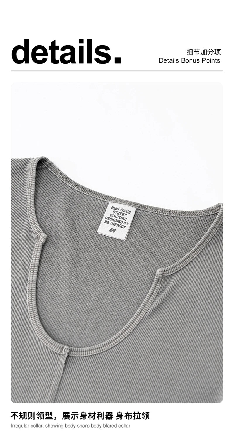 ZODF Women Retro 2025 Summer 275gsm U Collar Washed T-Shirts Hotsweet Girls Sexy Slim Fit T Shirt Brand Tees HY0992