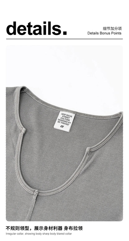 ZODF Women Retro 2025 Summer 275gsm U Collar Washed T-Shirts Hotsweet Girls Sexy Slim Fit T Shirt Brand Tees HY0992