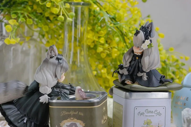 12cm Tea Party Cat Anime Figure Q Version Kawaii Tea Time Cats Tea Pot Cat Action Figure Collection Model Japanese Dolls Hobbies