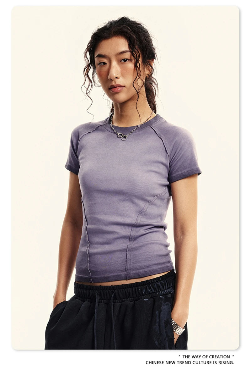 ZODF 2024 Summer Hotweet Washed T Shirt For Women Girls Gradient Raglan Sleeve Comfortable Short Tees Brand Tees HY0826