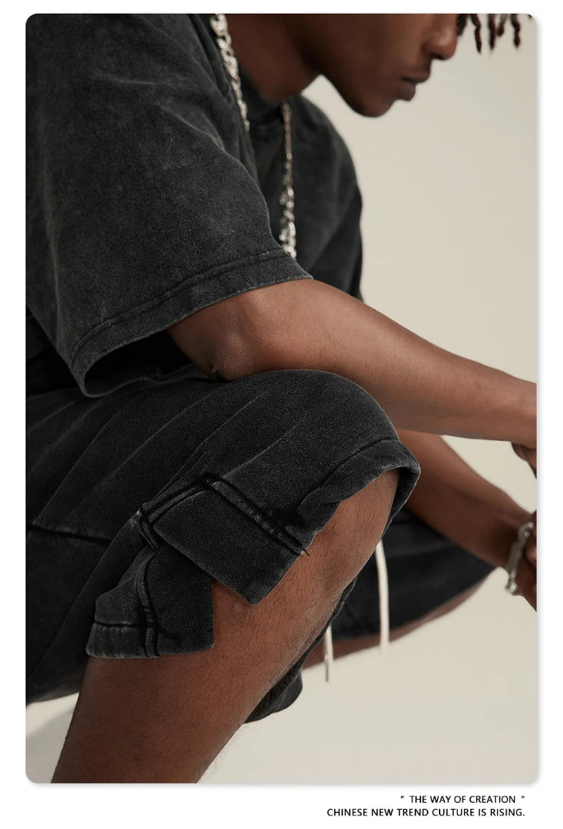 ZODF 2024 Summer Men 350gsm Washed Cotton Shorts Unisex Retro High Street Loose Side Slit Short Pants Streetwears HY0839