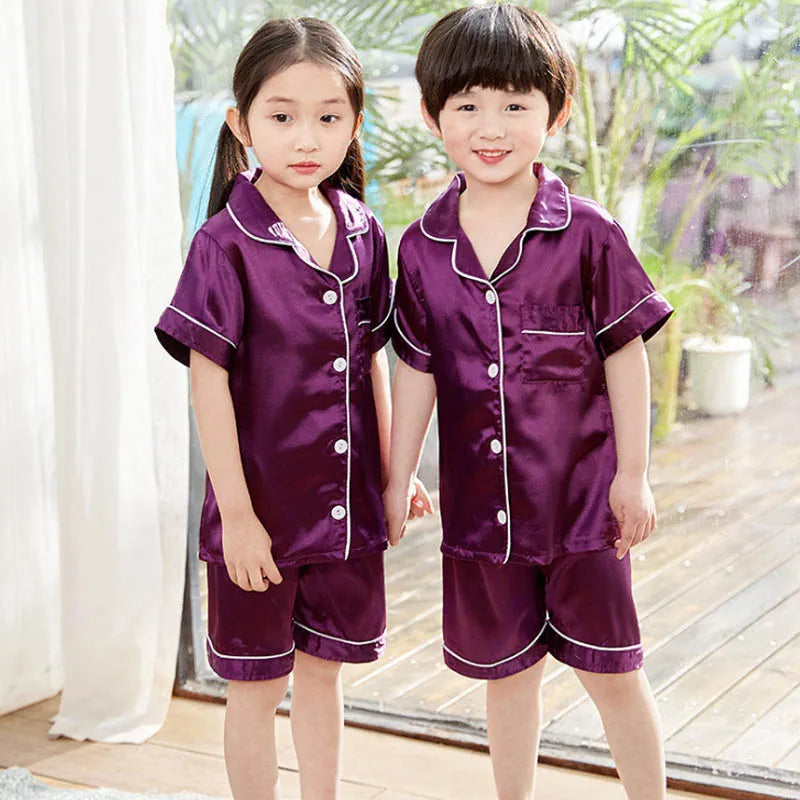 Boy Girl Satin Silk Pajamas Short Sets for Kids Toddler 3 4 5 6 7 8 9 10 11 12 13 14 Years Pink Summer Children Pijama Sleepwear