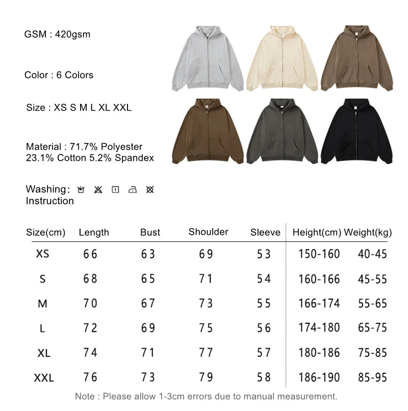 ZODF New Winter Men Zipper Fleece Hoodies Unisex Loose Heavy Weight Thick Warm Basic 420gsm Hooded Coats Hoodie HY0747