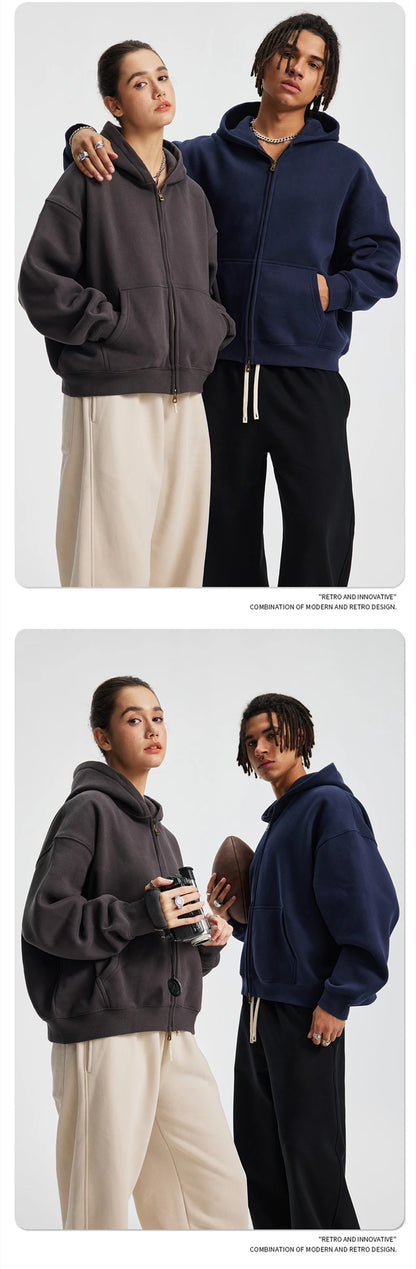 ZODF Trendy 2025 Winter Man Solid Fleece Boxy Hoodies Unisex 350gsm Double Head Zipper Hooded Sweatshirts Coat HY1122