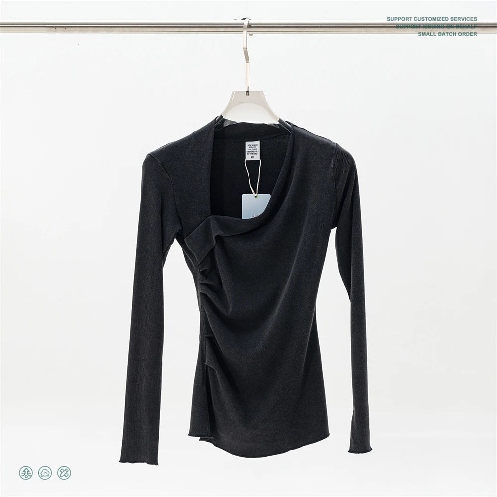 ZODF Retro Sexy Women Autumn Washed 275gsm T Shirt Ladies Girls Distressed Side Pleated Full Sleeve T-Shirts Tees HY1107