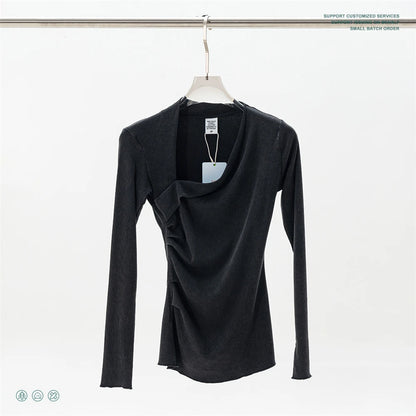 ZODF Retro Sexy Women Autumn Washed 275gsm T Shirt Ladies Girls Distressed Side Pleated Full Sleeve T-Shirts Tees HY1107