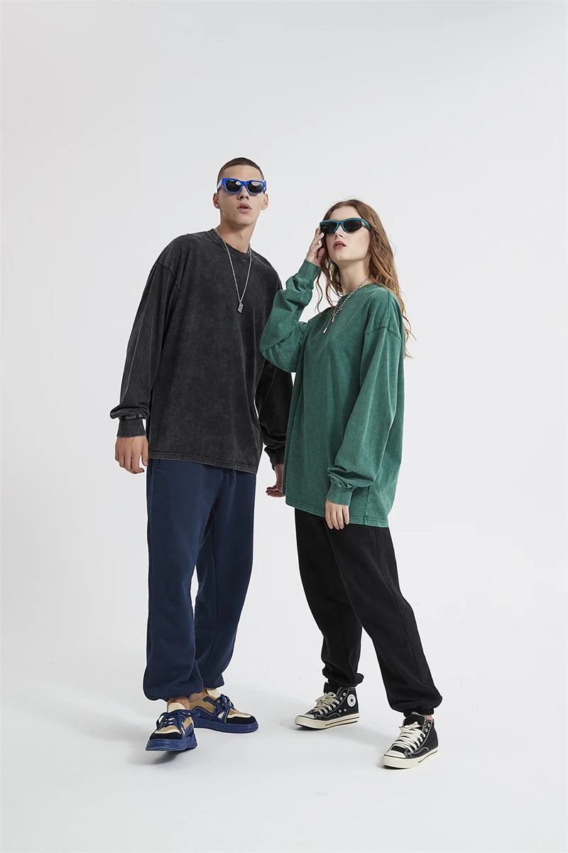 ZODF Retro Men Long Sleeve Washed Cotton T Shirt Unisex Loose 250gsm Basic Atumn TEES Tops Brand Streetwears HY0394