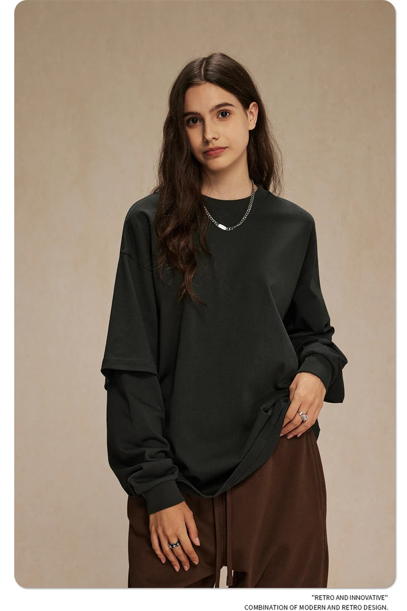 ZODF Fashion Spring Autumn Men 100% Cotton T-Shirt Unisex Fake 2-Piece 305gsm Solid Full Sleeve O Neck T Shirt Brand Tees HY0925