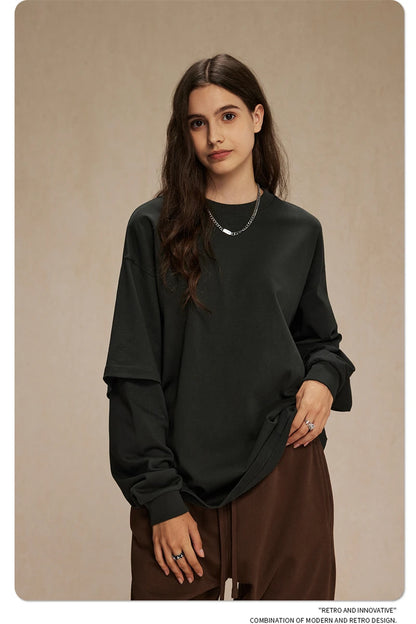 ZODF Fashion Spring Autumn Men 100% Cotton T-Shirt Unisex Fake 2-Piece 305gsm Solid Full Sleeve O Neck T Shirt Brand Tees HY0925