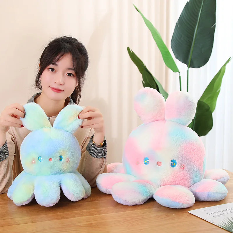 Kawaii Plush Flip Rainbow Cosplay Bunny Octopus Plush Toy Double Side Reversable Rabbit Plushie Peluche Doll  Cuddly Doll