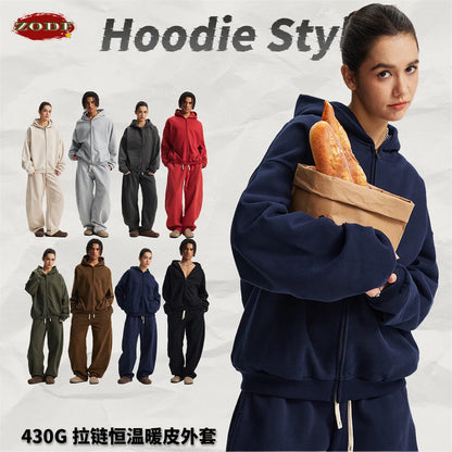 ZODF Trendy Winter Man Warm 430gsm Fleece Zipper Hoodies Unisex Solid Loose Zip-Up Hooded Coats Brand Outfit HY1130