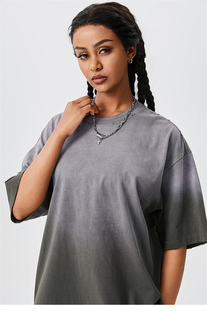 ZODF New Men's Summer Washed Gradient Cotton T-Shirts Unisex Women Retro Distressed 310gsm Ripped T Shirt Brand Tops HY0859