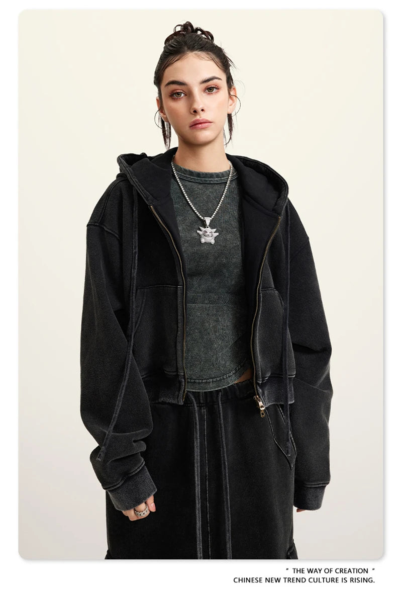 ZODF Retro 2025 Winter Women Short Zipper Hoodies Female Girls Loose 355gsm Thick Fleece Hooded Zip-up Coat Streetwears HY0448