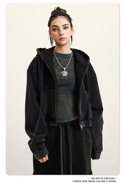 ZODF Retro 2025 Winter Women Short Zipper Hoodies Female Girls Loose 355gsm Thick Fleece Hooded Zip-up Coat Streetwears HY0448