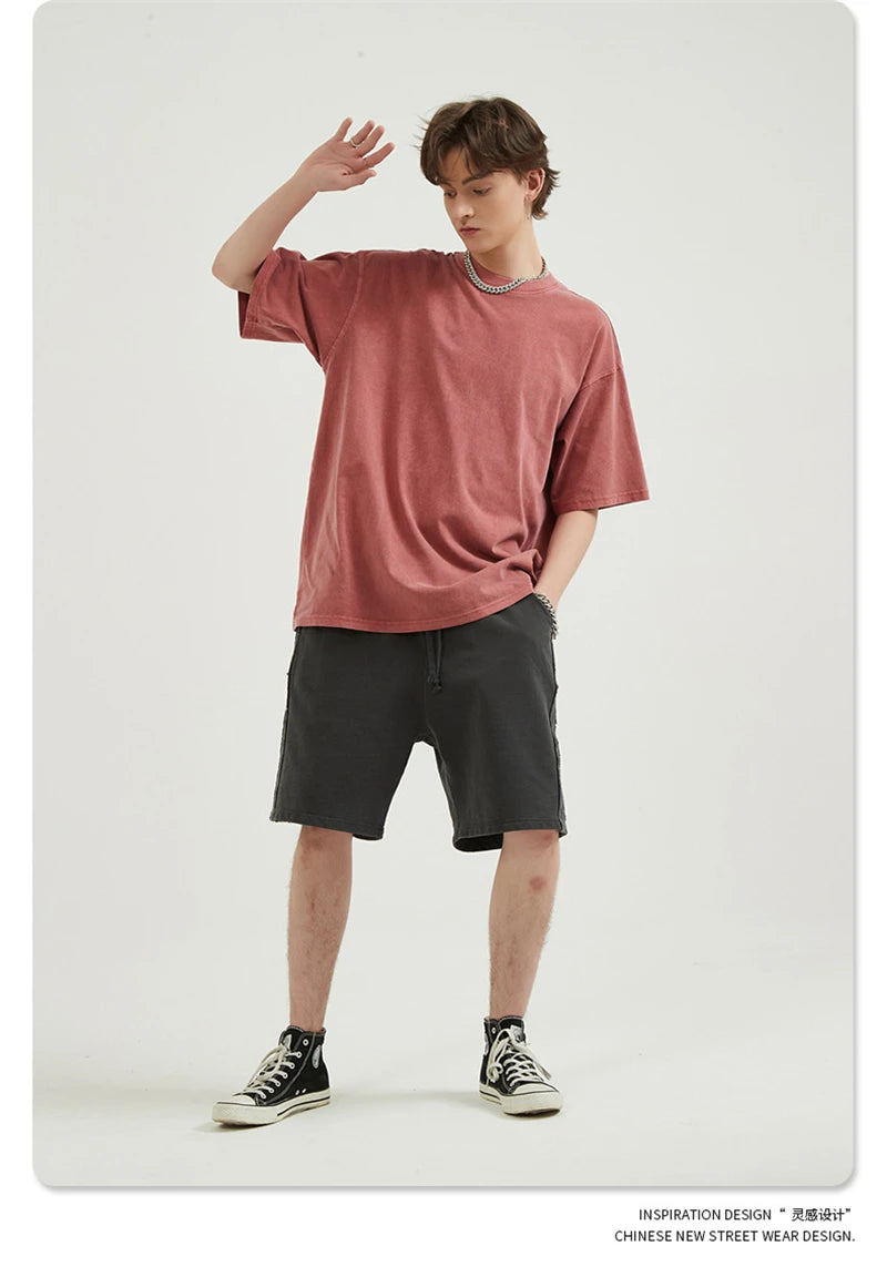 ZODF Men 2024 Retro Summer Washed Solid Cotton T-Shirts Unisex Retro Loose High Street 250gsm Basic Tees Streerwears HY0075