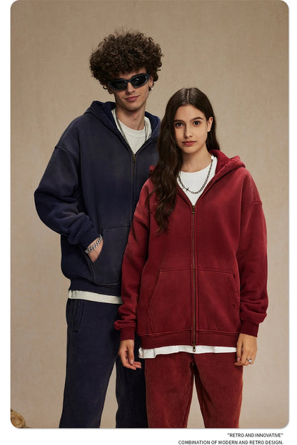 ZODF Retro Winter Men Spray-Dyed Zipper Hoodies Unisex Loose 360gsm Zipper Fleece Hooded Sweatshirt Pullovers Coats HY0719