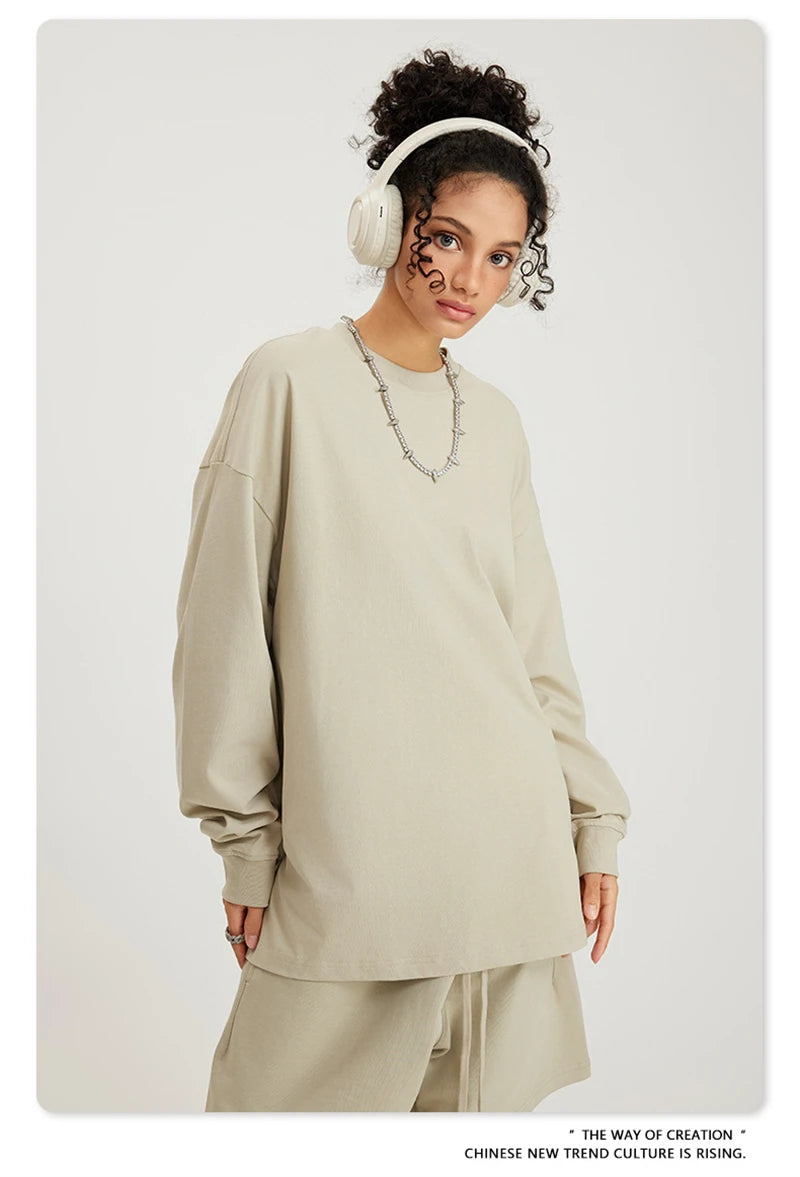 ZODF NEW Autumn Men's Solid Full Sleeve T Shirts Unisex Loose Oversized Casual 305GSM Cotton Basic T-Shirt Brand TEE HY0209