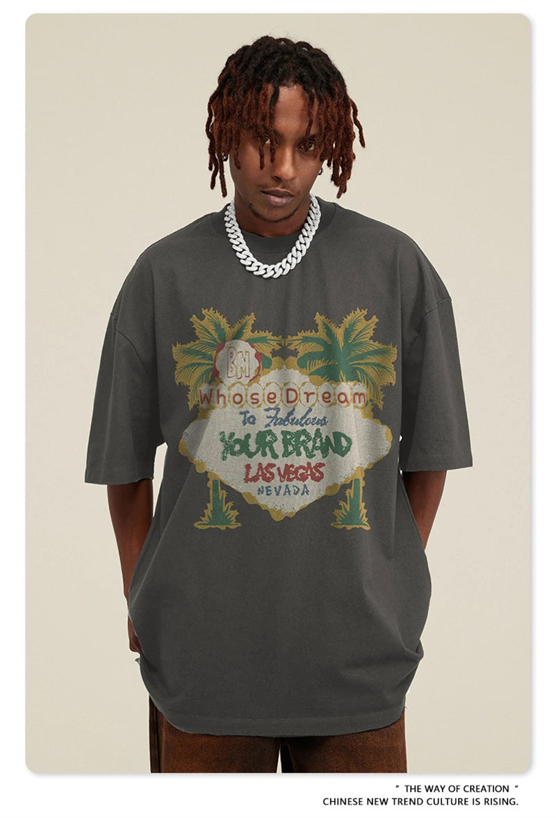 ZODF New Men High Street Washed T-Shirts Unisex Loose Tree Printing 285gsm Cotton O Neck T Shirt For Summer HY0512