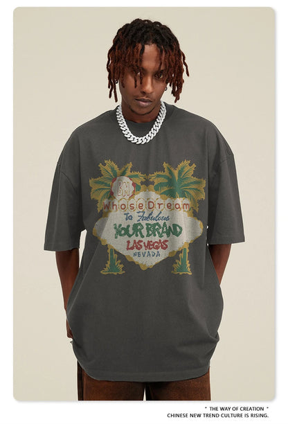 ZODF New Men High Street Washed T-Shirts Unisex Loose Tree Printing 285gsm Cotton O Neck T Shirt For Summer HY0512