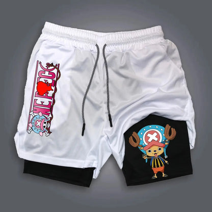 One Piece Chopper Anime Gym Shorts Men New Summer Japanese Cartoon Print Beach Pants Streetwear Double-layer 2-in-1 Sports Pants