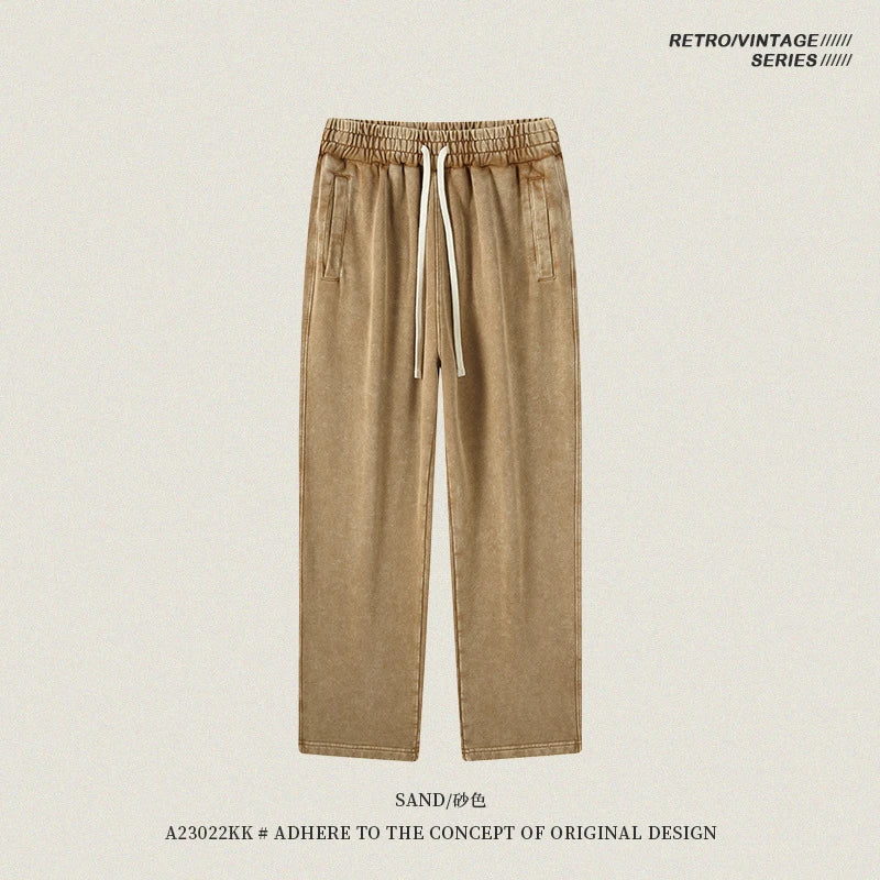 ZODF Retro Autumn Winter 420gsm Batik Washed 100% Cotton Loose Straight Pants for Men Unisex Streetwear HY0937 - Sand