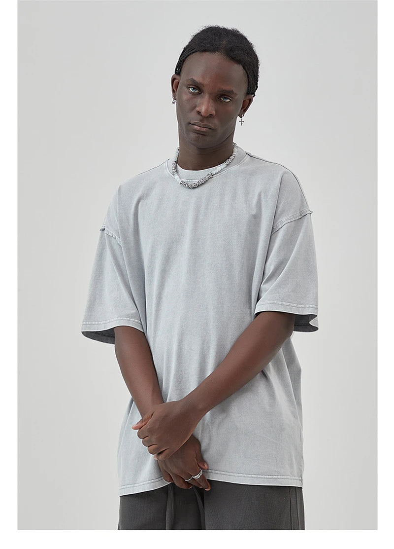 ZODF New Spring Summer Washed Cotton Solid T Shirts For Men Unisex High Street Loose Edge Oversized Noshrink T-Shirt Tee HY0465