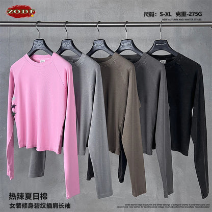 ZODF Sexy Autumn Washed 275gsm Full Sleeve T Shirt For Women Ladies Girls Slim Fit Distressed T-Shirts Tops HY1145