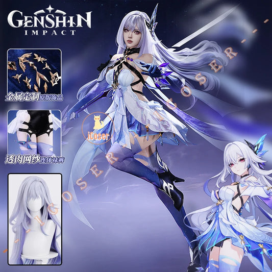 Genshin Impact Skirk Cosplay Costume Wig Dress Uniform Headwear Metal Accessories Festival Halloween Party for Women Girl iCoser
