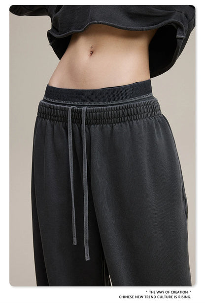 ZODF Retro Women Washed 370gsm Straight Pants Vintage Girls Female Loose Double Waist Wide Leg Cotton Trousers HY1150