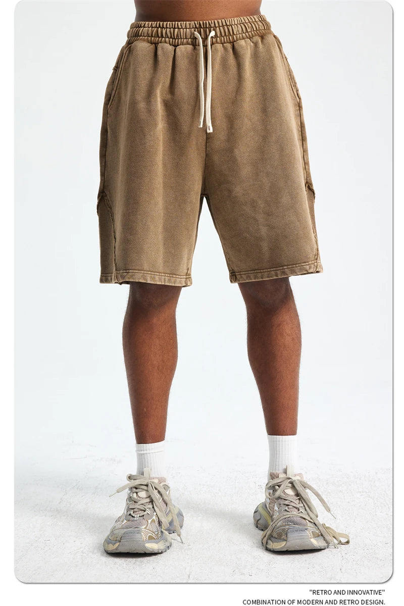 ZODF Retro Men Heavy-Weight Washed 430gsm Shorts Unisex High Street Patchwork Summer Distressed Cotton Shorts HY1035