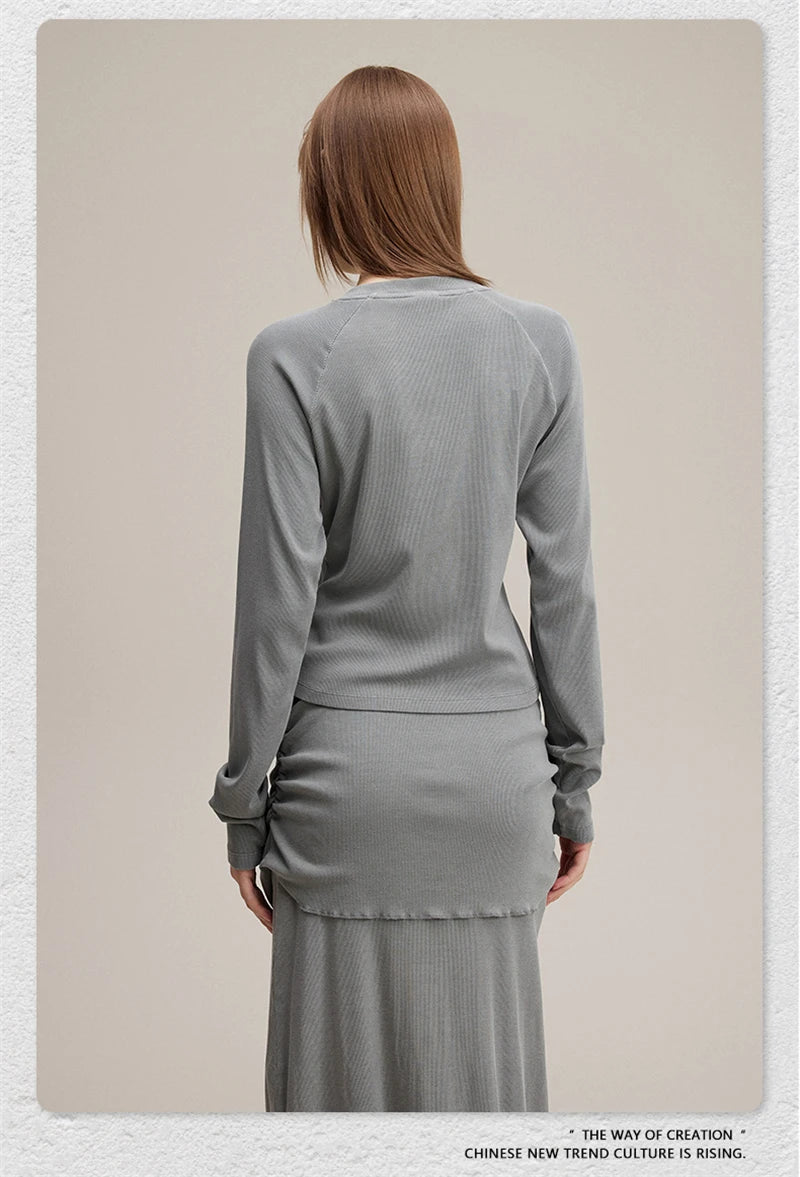 ZODF Retro Sexy Women Autumn Washed 275gsm T Shirt Ladies Girls Distressed Side Pleated Full Sleeve T-Shirts Tees HY1107