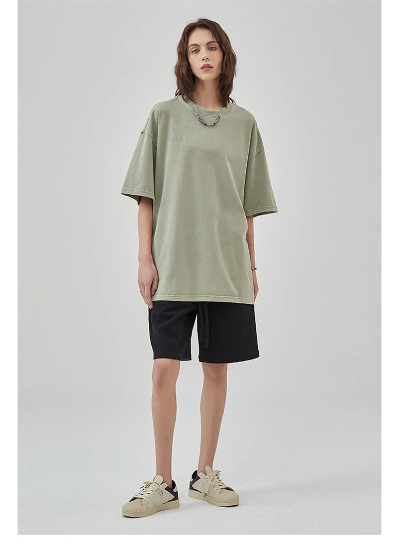 ZODF New Spring Summer Washed Cotton Solid T Shirts For Men Unisex High Street Loose Edge Oversized Noshrink T-Shirt Tee HY0465