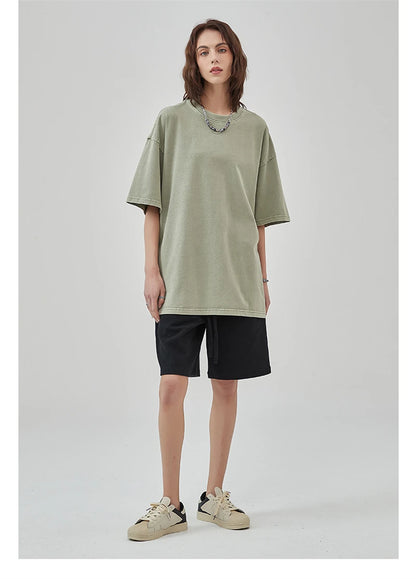 ZODF New Spring Summer Washed Cotton Solid T Shirts For Men Unisex High Street Loose Edge Oversized Noshrink T-Shirt Tee HY0465