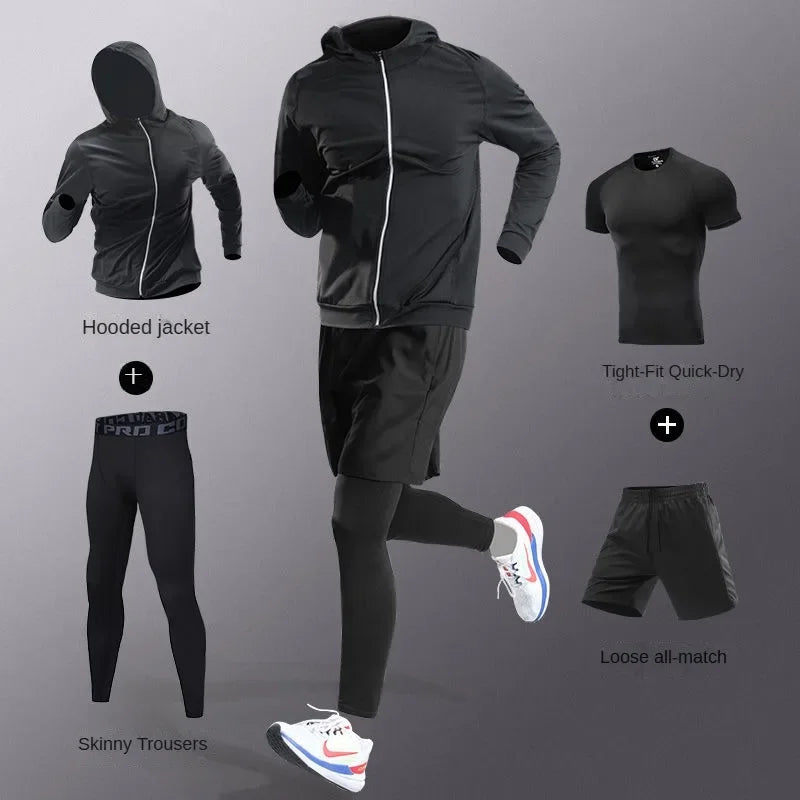 3-7pcs Men’s Ice Fiber Quick-Dry Running Fitness Tracksuit Full Set for Marathon Training Cycling Jogging Gym