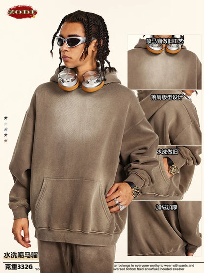 ZODF Autumn Winter Monkey Washed Fleece Hoodies For Men Unisex Basic 360gsm Warm Knitted Hooded Pullovers Coats HY0903
