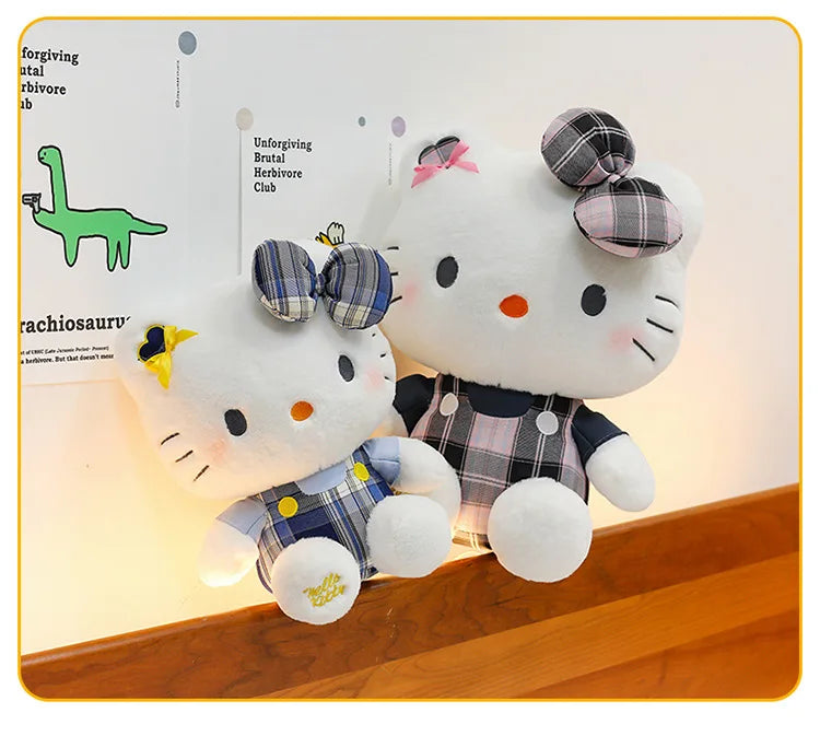Sanrio Hello Kitty Plush Toy Retro Plaid Skirt Kitty Doll Stuffed Animal Creative Gift for Kids Birthday Christmas Girls Pillow