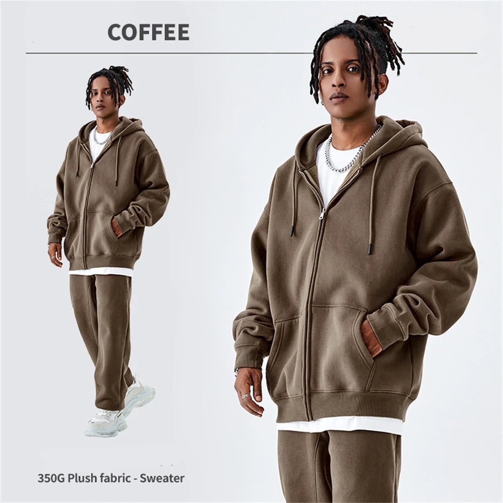 ZODF Basic Winter Men Fleece Zipper Hoodies Unisex Casual Loose 350gsm Warm Solid Hooded Sweatshirts Coats 18 Colors HY0726